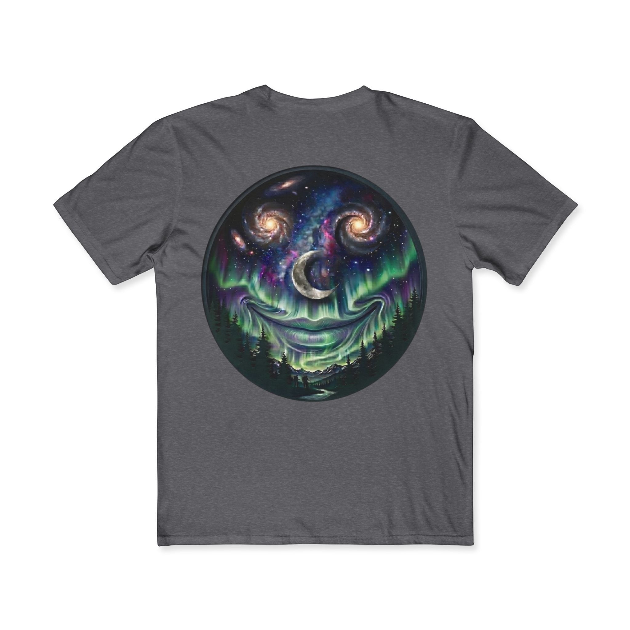 Chromatic charcoal grey cotton hiking t-shirt featuring a circular graphic of a smiling galaxy, moon, and aurora.