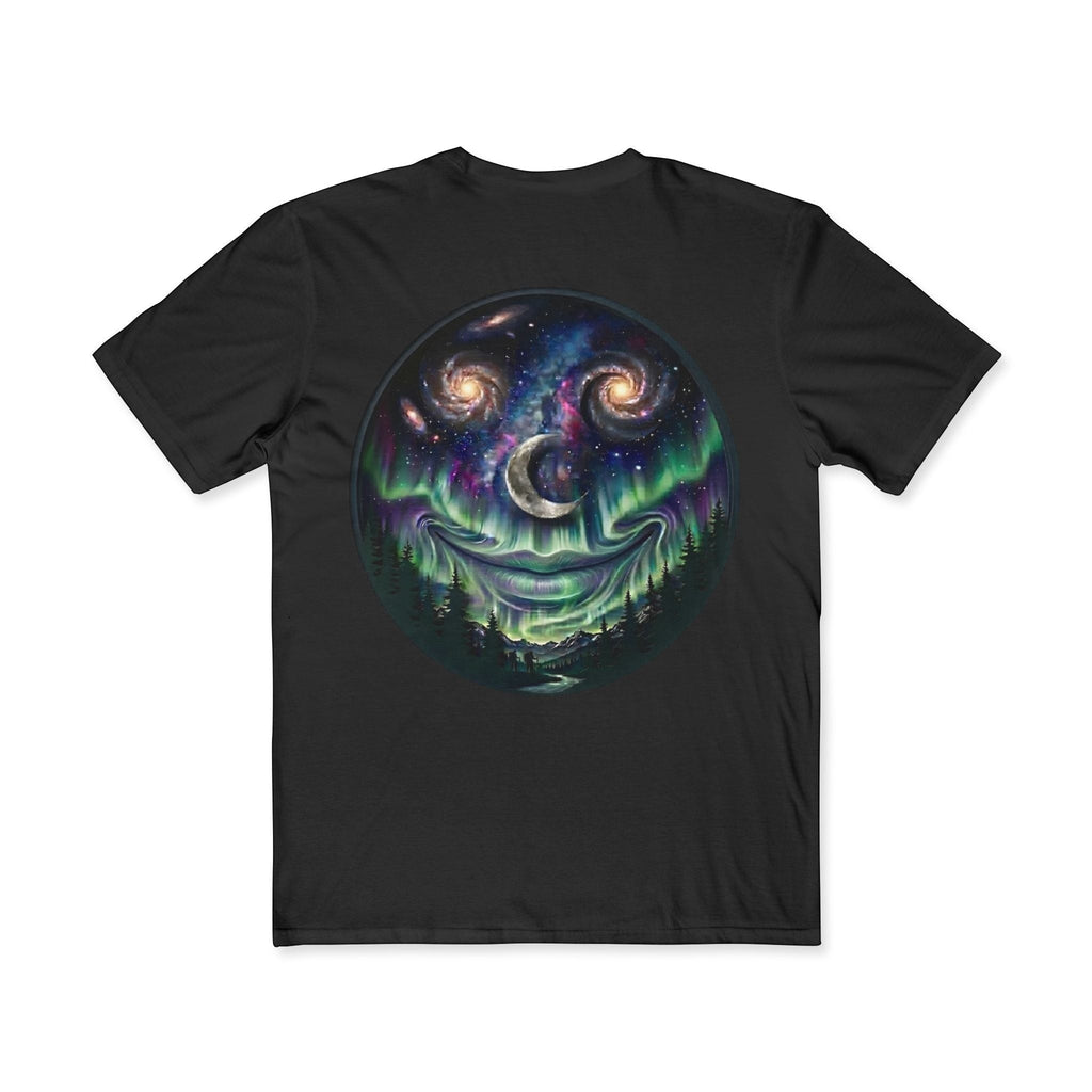 Chromatic black cotton t-shirt featuring a cosmic smiley face graphic with galaxy eyes, moon nose, and aurora mouth.