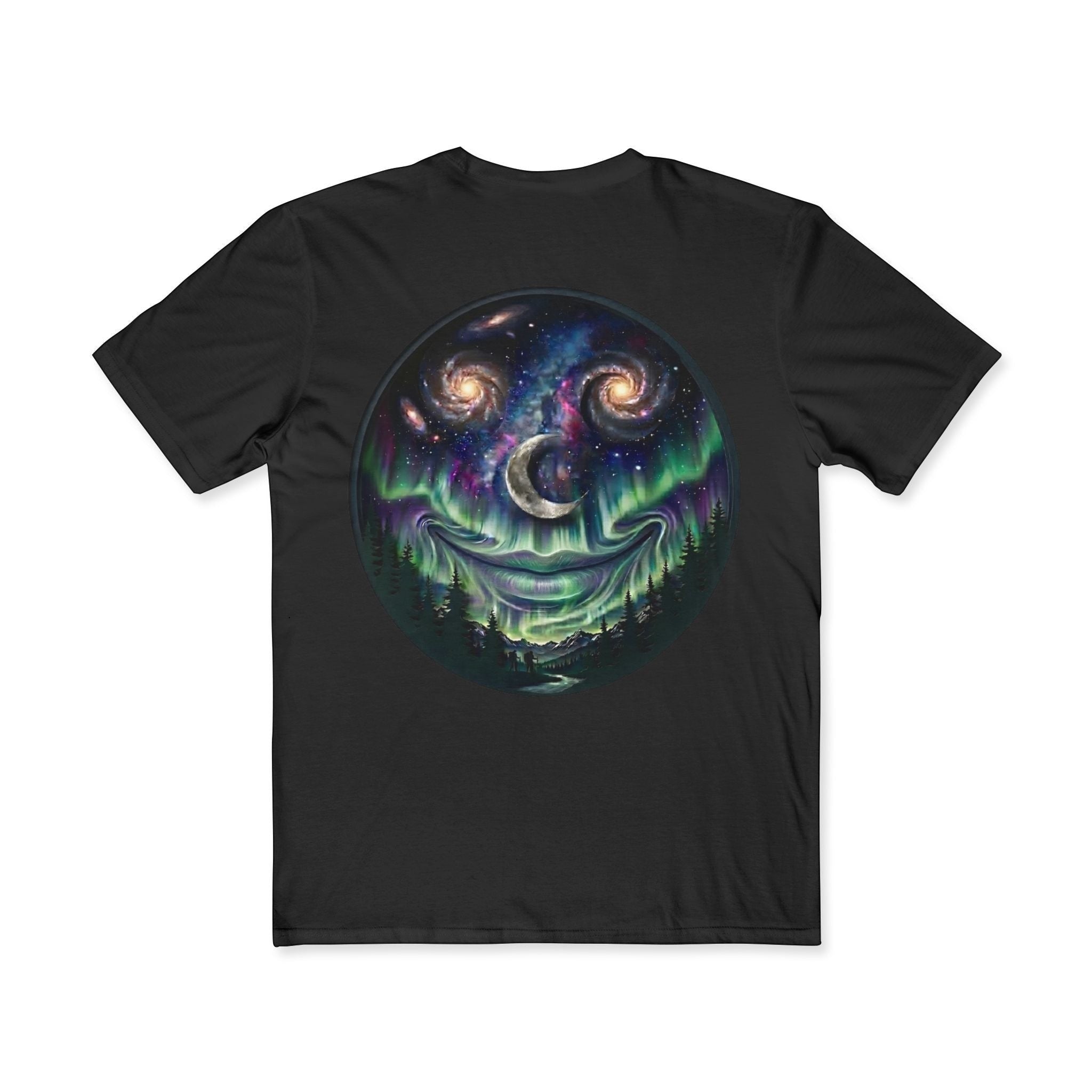 Chromatic black cotton t-shirt featuring a cosmic smiley face graphic with galaxy eyes, moon nose, and aurora mouth.