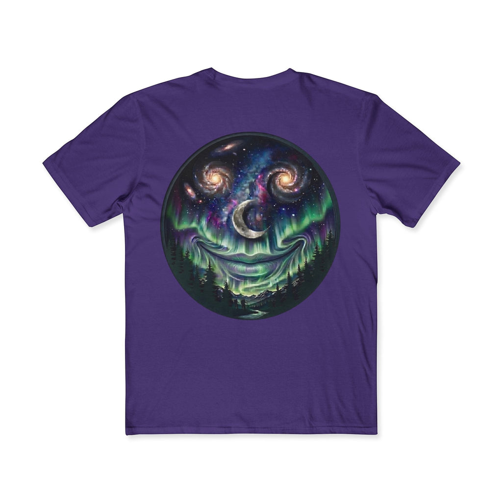 Chromatic purple cotton t-shirt featuring a circular galaxy emoji graphic with spiral galaxies, moon, and aurora.