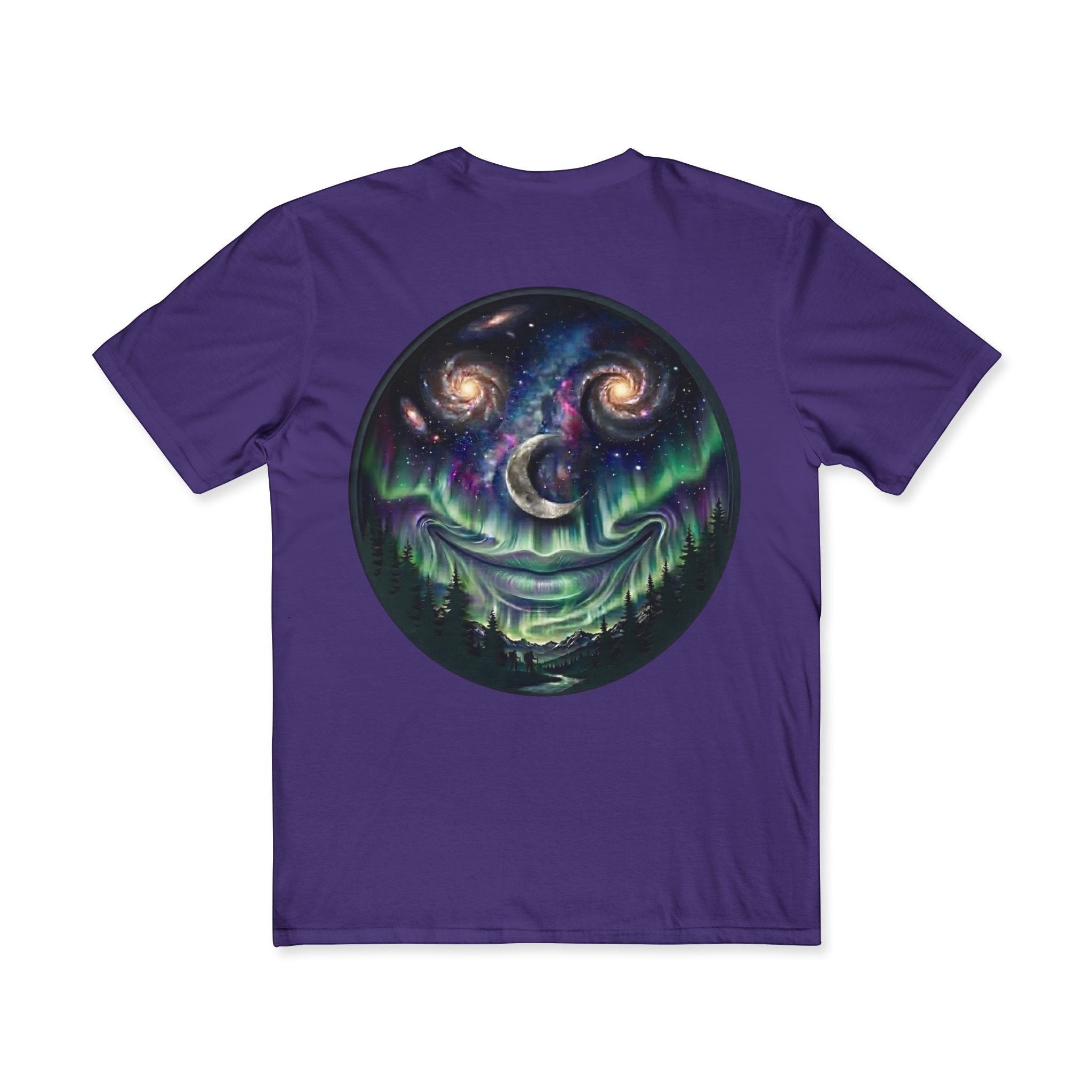Chromatic purple cotton t-shirt featuring a circular galaxy emoji graphic with spiral galaxies, moon, and aurora.