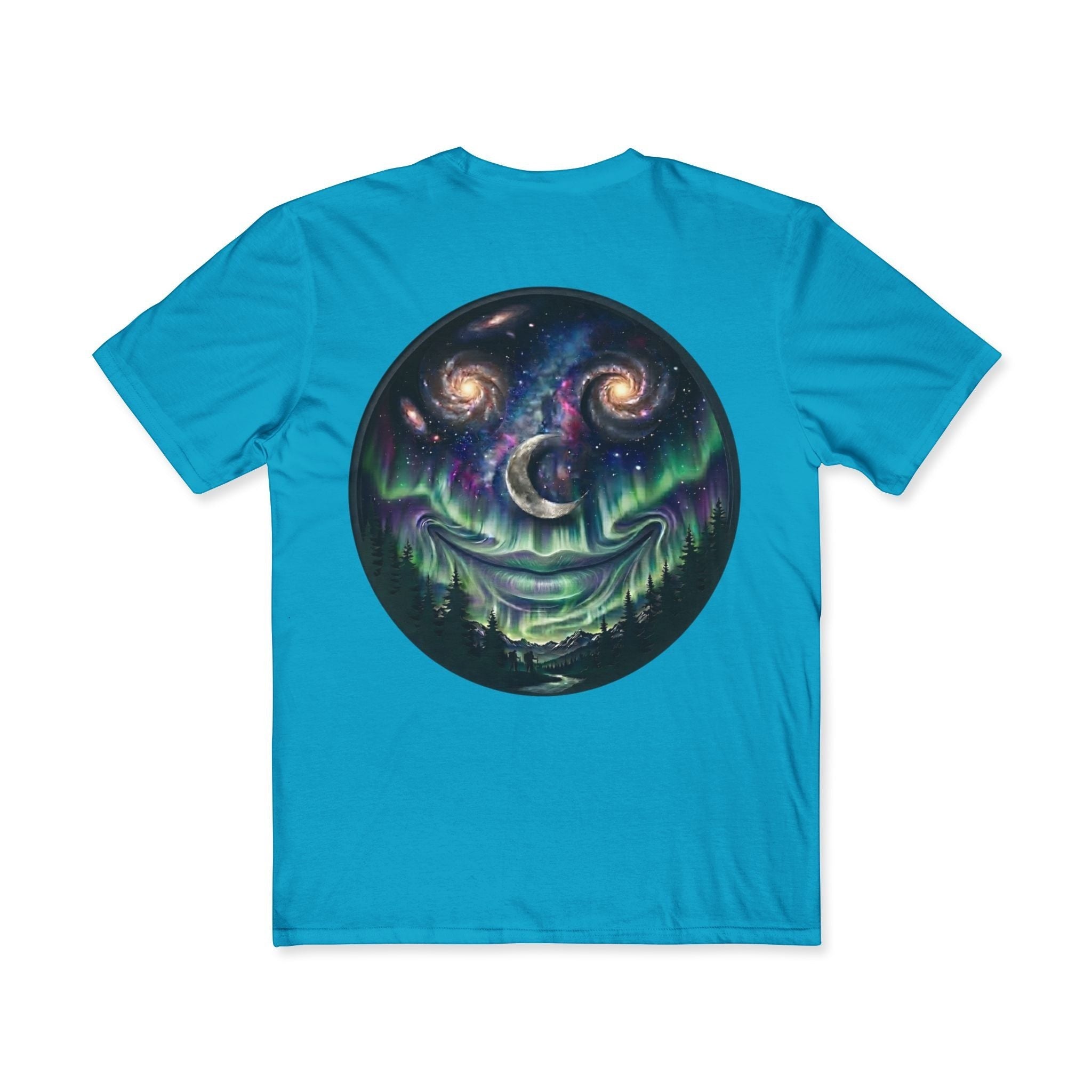 Chromatic bright blue cotton t-shirt featuring a circular graphic of a smiling galaxy, crescent moon, and aurora.
