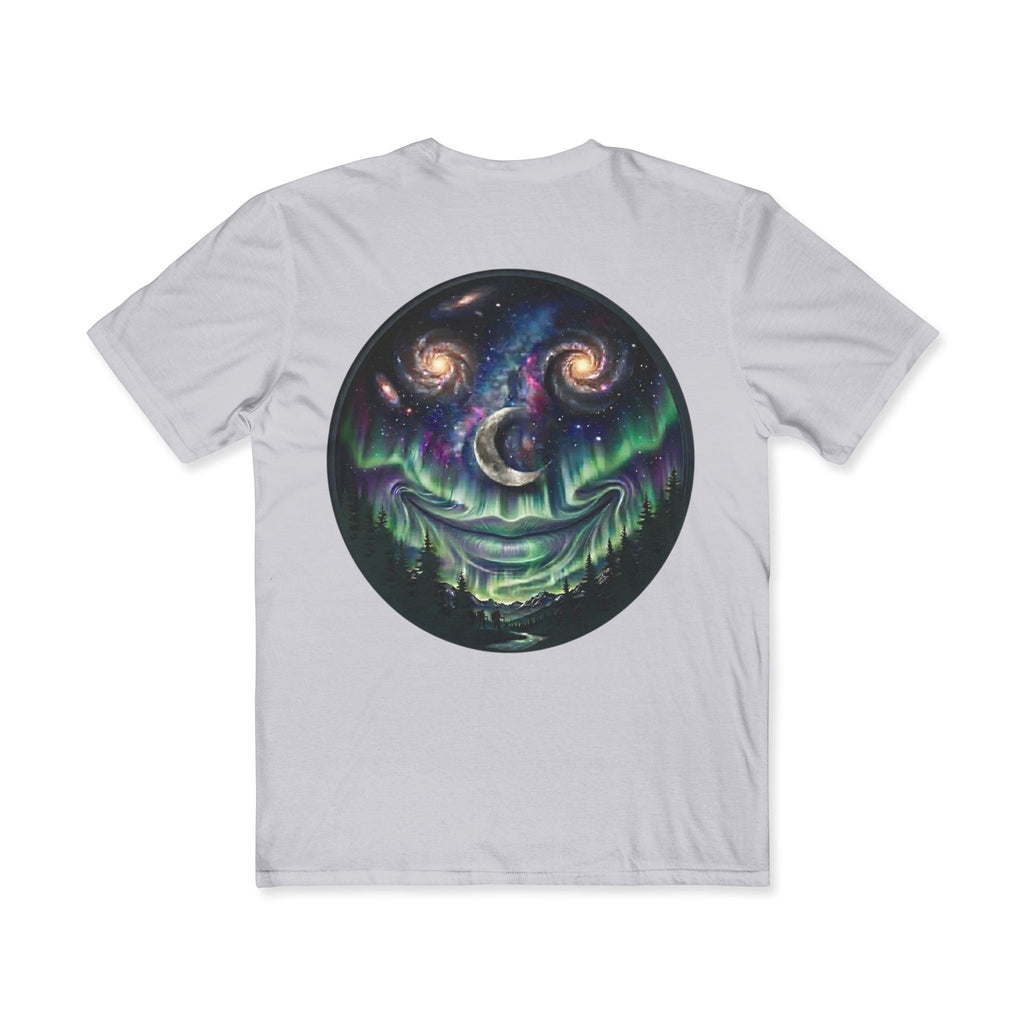 Chromatic Universe Smile Tee in light grey cotton featuring a circular galaxy and northern lights smiley face graphic.