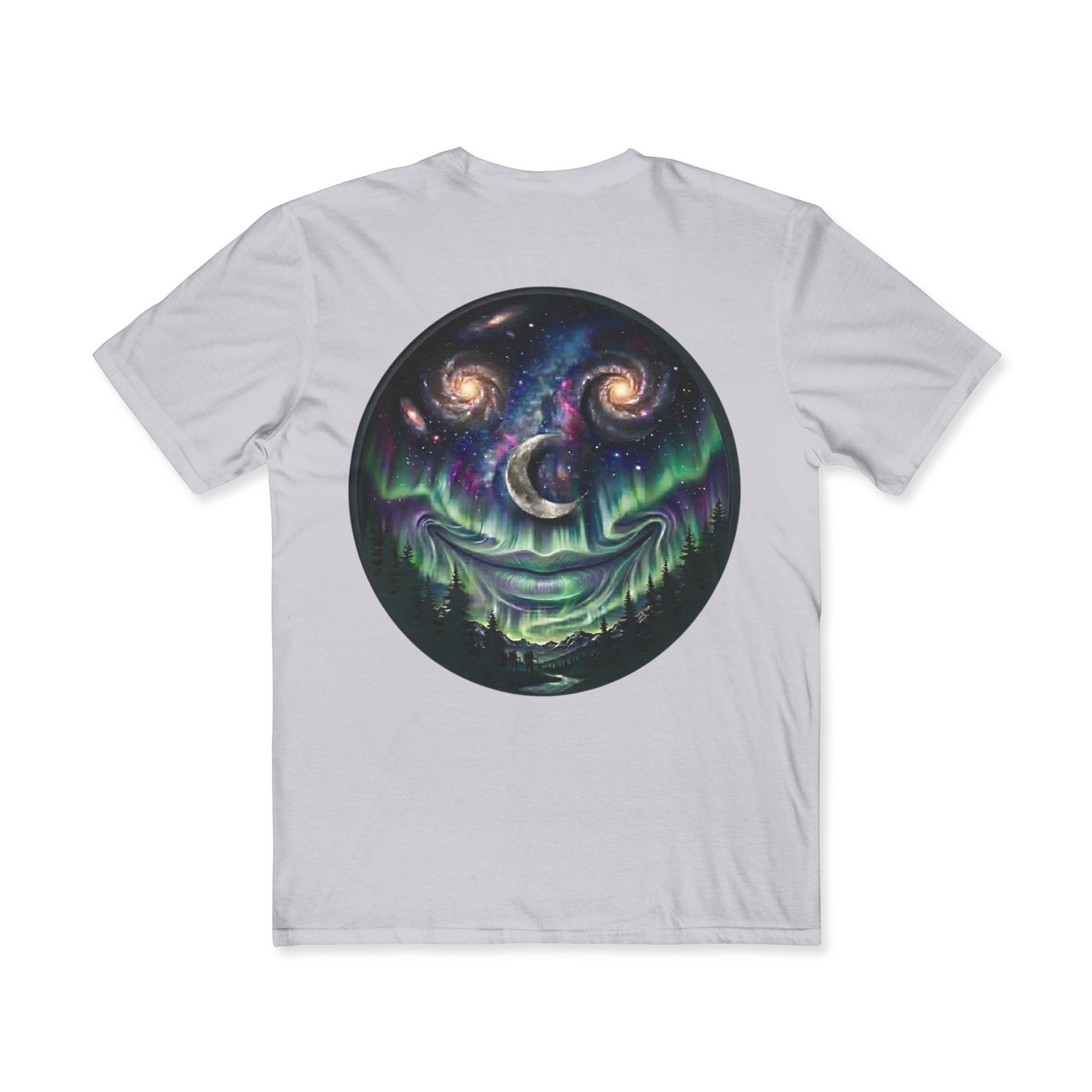 Chromatic Universe Smile Tee in light grey cotton featuring a circular galaxy and northern lights smiley face graphic.