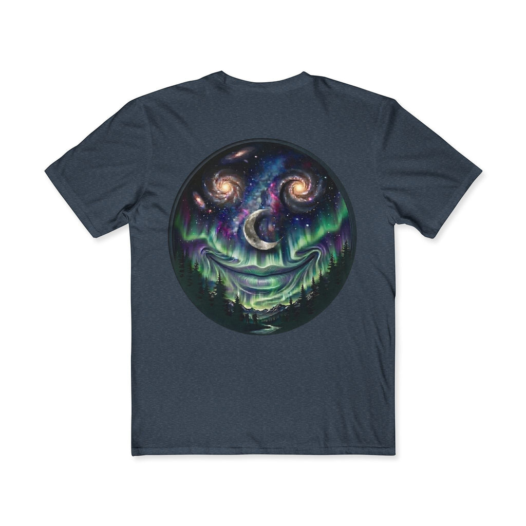 Chromatic Universe Smile Tee in dark navy cotton featuring a cosmic face graphic with galaxy eyes and aurora mouth.
