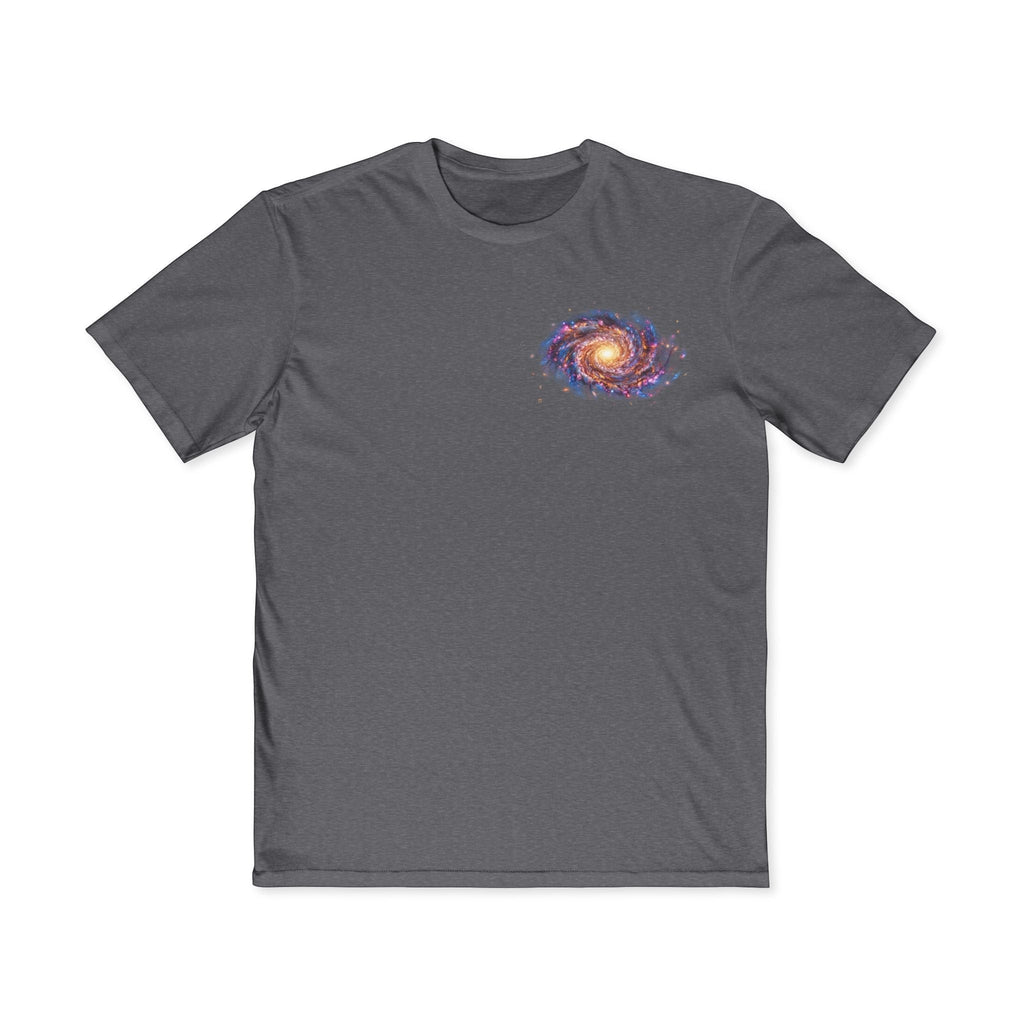 Chromatic Universe Smile Tee in dark grey with a small spiral galaxy graphic on the chest, made of soft cotton.