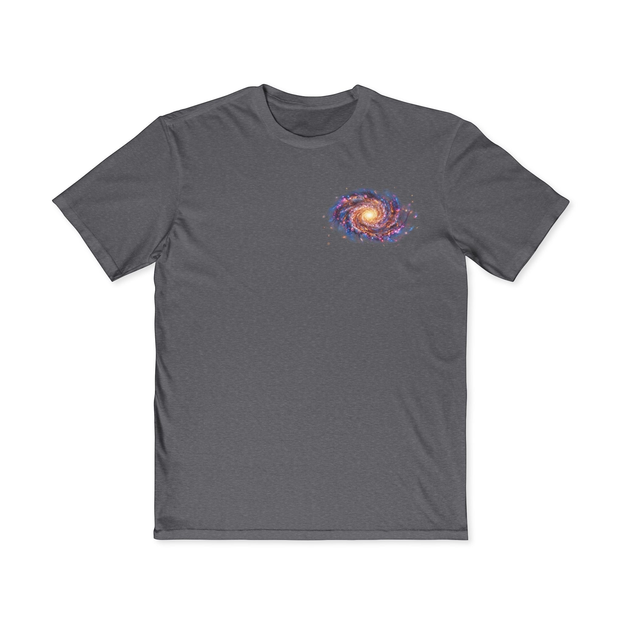 Chromatic Universe Smile Tee in dark grey with a small spiral galaxy graphic on the chest, made of soft cotton.