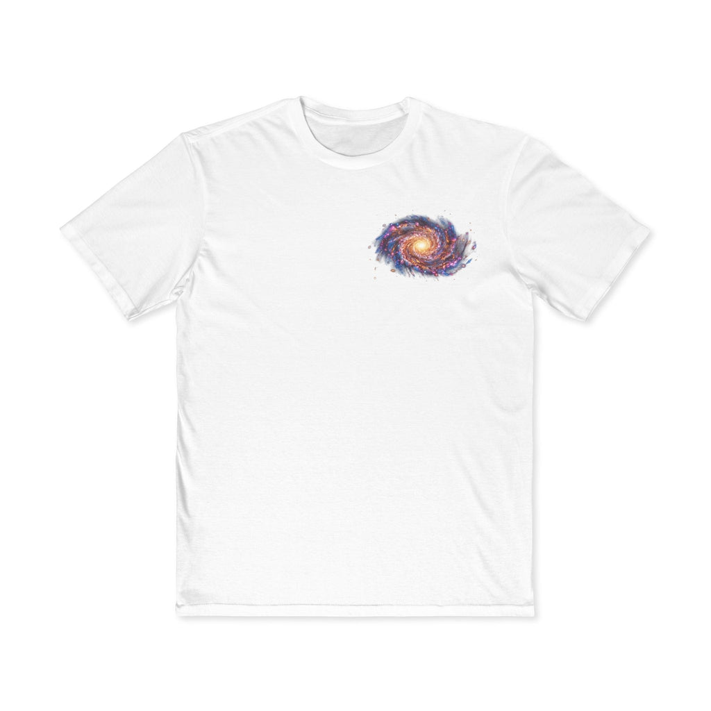 Chromatic white cotton t-shirt featuring a small, colorful spiral galaxy graphic on the left chest.
