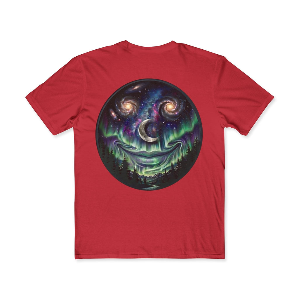 Chromatic red cotton t-shirt featuring a circular graphic of a smiling galaxy, crescent moon, and northern lights.