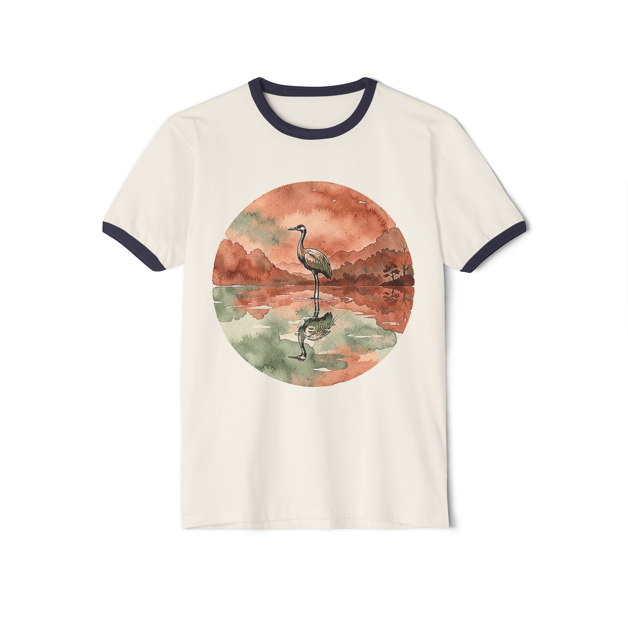 Chromatic retro ringer tee in off-white cotton with a watercolor crane and pond graphic in muted earth tones.