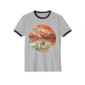 Chromatic grey ringer t-shirt with a circular watercolor print of a lone crane reflecting in a pond.