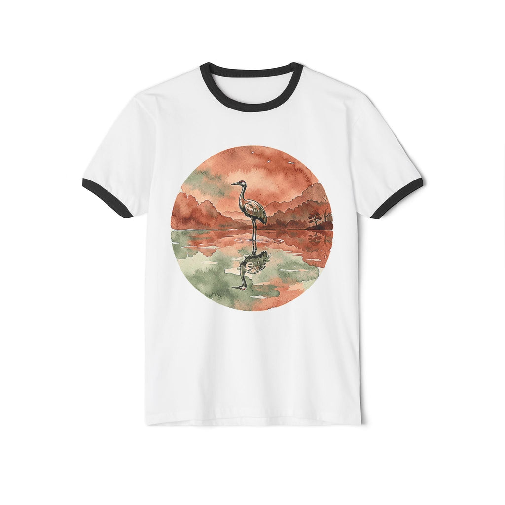 Chromatic white ringer t-shirt featuring a circular watercolor print of a lone crane reflecting in a calm pond.